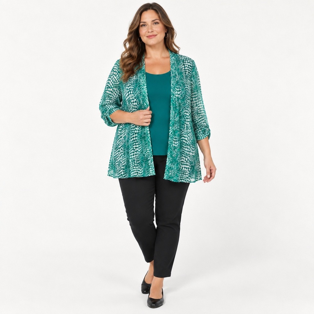 Susan Graver Women 2X Teal Abstract Print Sheer Cardigan Tank 2 Piece Set Office